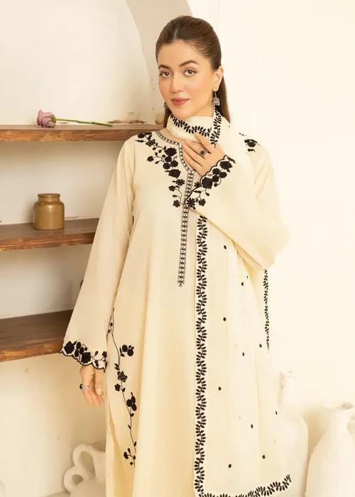 3 piece - Pakistani Designer Lawn Suit - Cream Color
