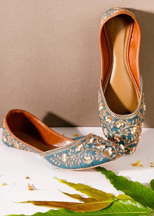 Womens Ethnic Footwear - Blue Silk Khussa