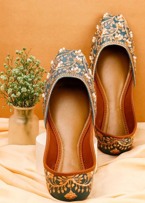 Womens Ethnic Footwear - Blue Silk Khussa
