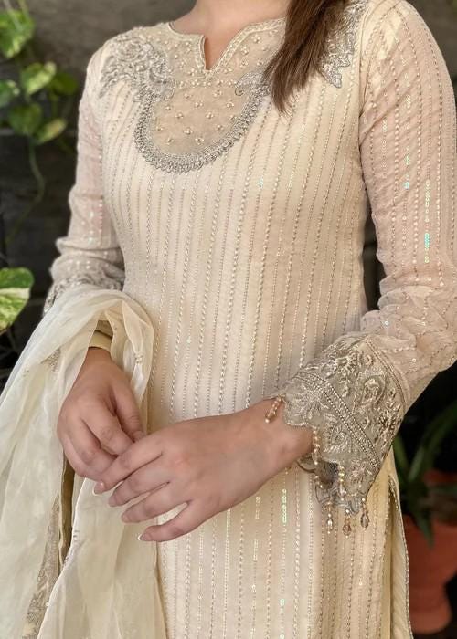 Embroidered Chiffon and Raw Silk Palazzo Designer Suit with Organza Dupatta - 3 Piece