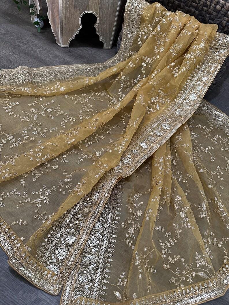 Heavily Embroidered Golden Organza Dupatta - Honey Gold / Beige Golden