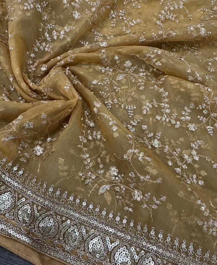 Heavily Embroidered Golden Organza Dupatta - Honey Gold / Beige Golden