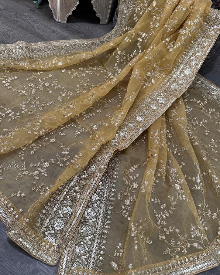 Heavily Embroidered Golden Organza Dupatta - Honey Gold / Beige Golden