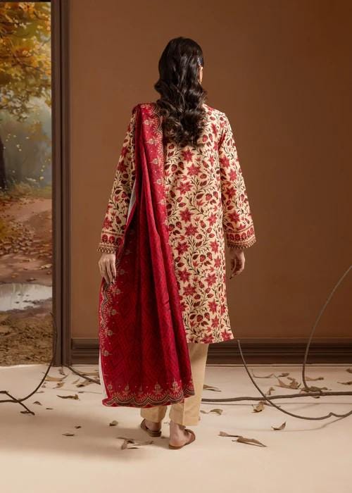 3 Piece Embroidered Cotton Suit - Beige and Red