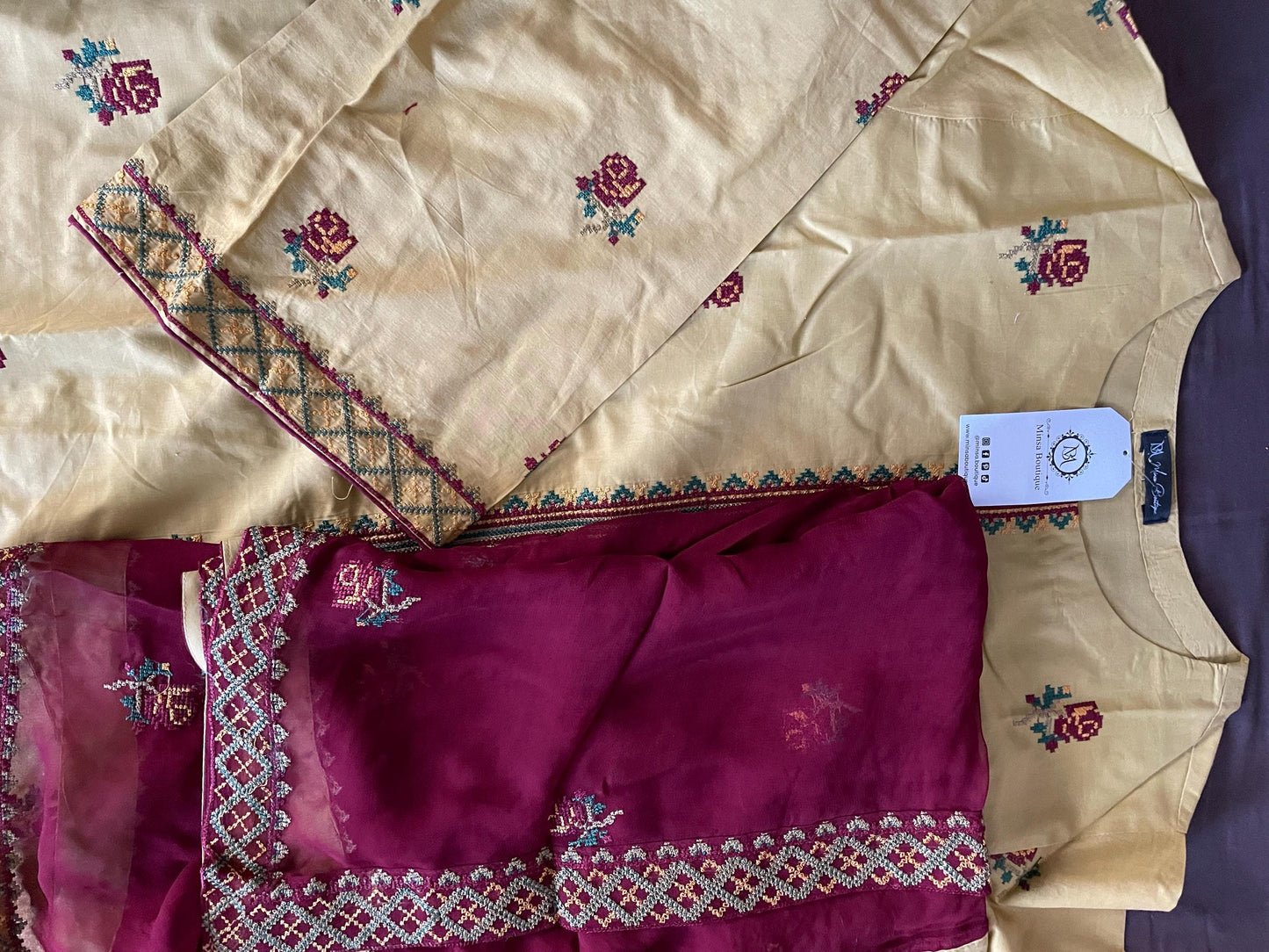 3 piece - Pakistani Designer Cross Stitched Embroidered Palazzo Cotton Suit - Chiffon Dupatta