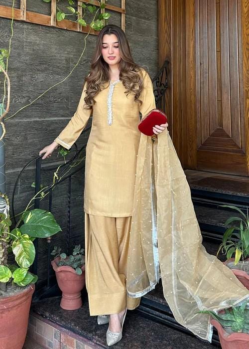 Stone Work Embroidered Thai Silk Farshi Shalwar Suit - Gold Color