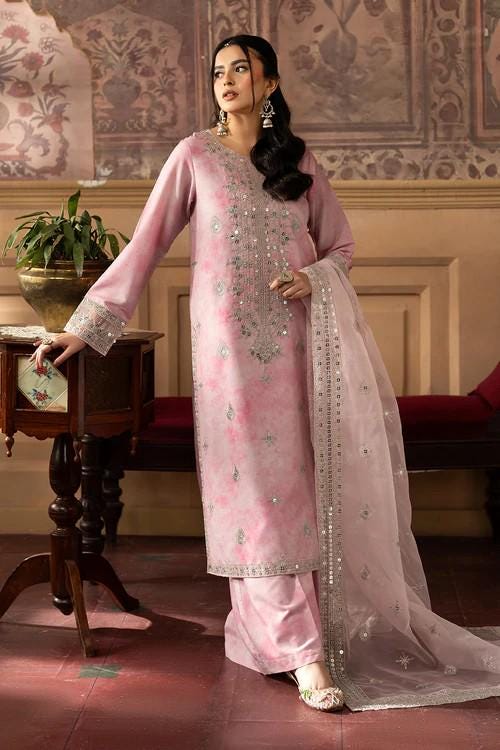 Embroidered Silk Lawn Pakistani Suit: Organza Dupatta & Palazzo Pants