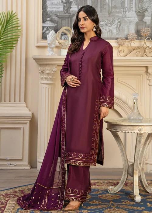 Golden Embroidered Kattan Silk Suit - Plum - Chiffon Dupatta