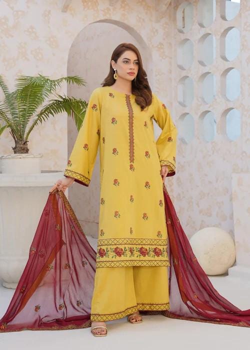 3 piece - Pakistani Designer Cross Stitched Embroidered Palazzo Cotton Suit - Chiffon Dupatta
