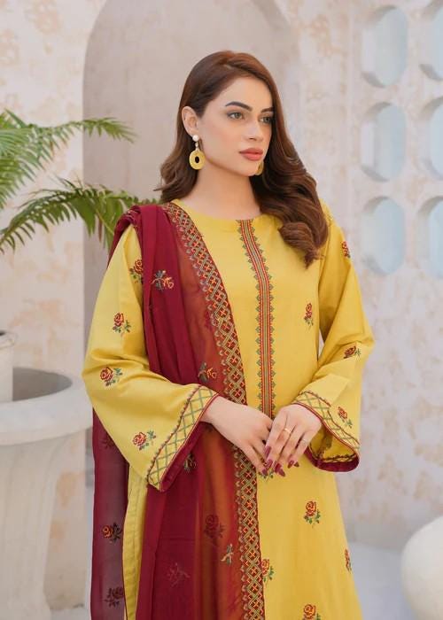 3 piece - Pakistani Designer Cross Stitched Embroidered Palazzo Cotton Suit - Chiffon Dupatta