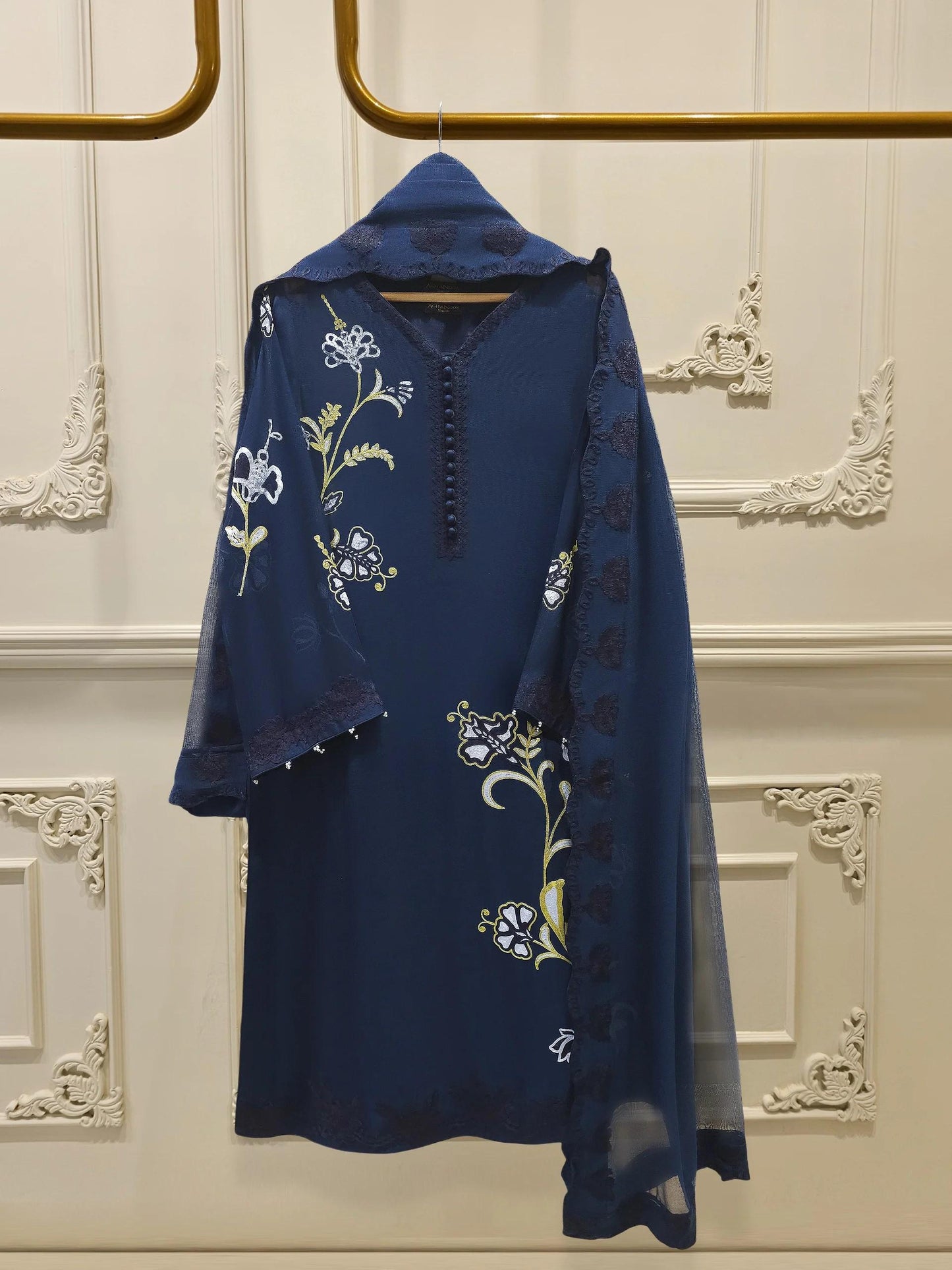 Agha Noor 3 Piece Pure Embroidered Cotton Net Suit Size (Medium, Small) - Navy Blue