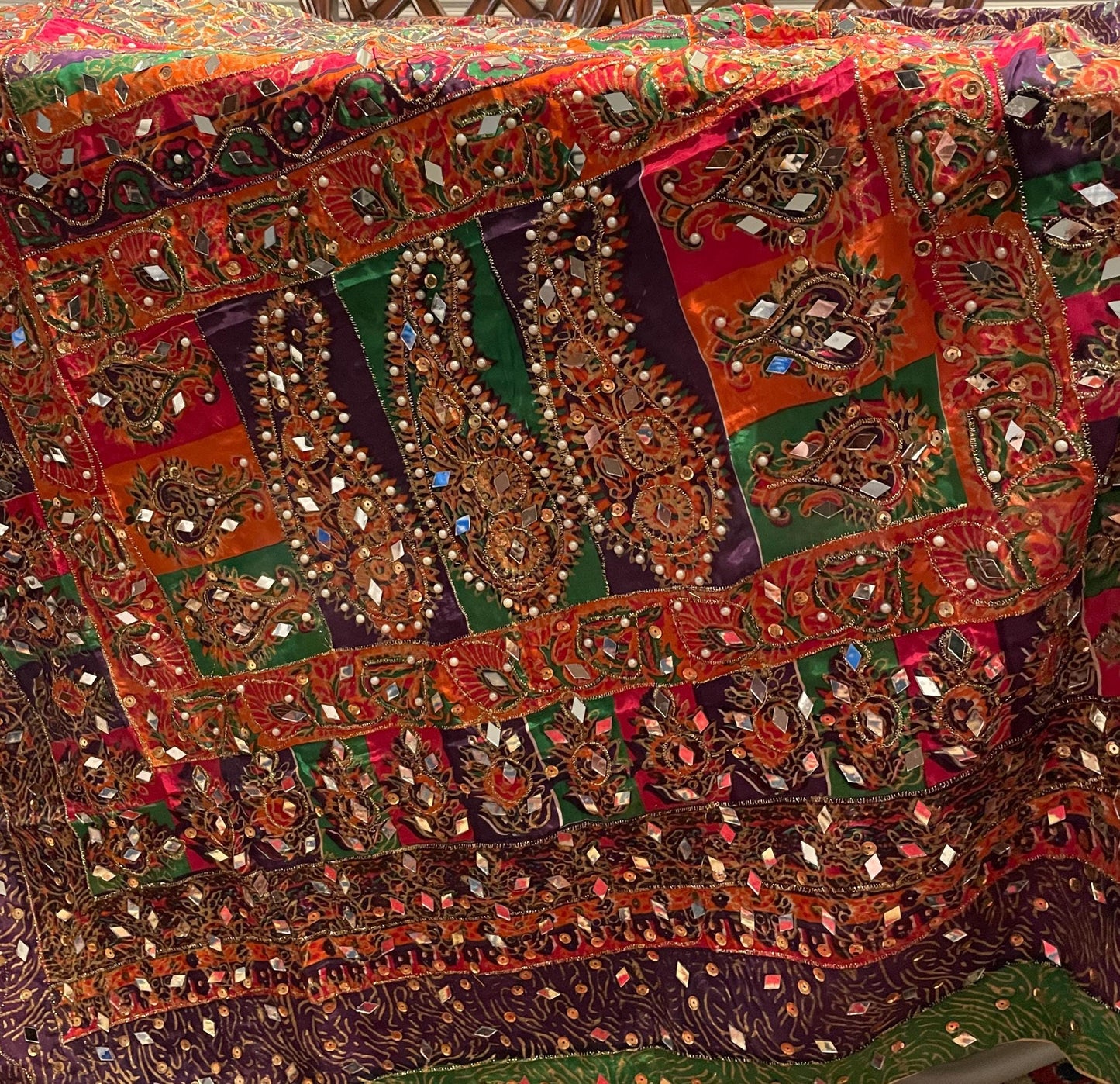 DPM1- Handmade Block Print Silk Dupatta With Mirror and Pearl Work