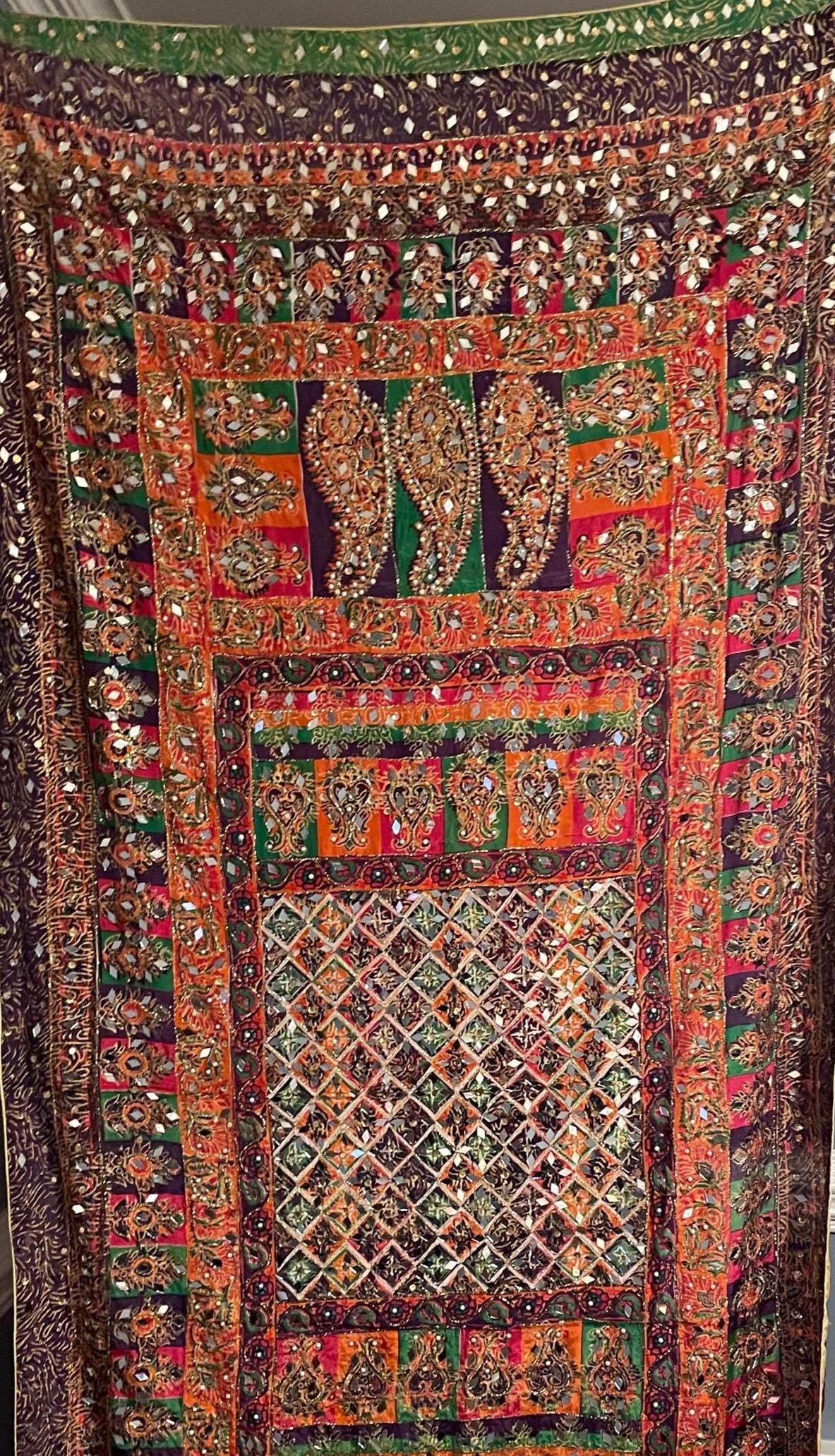 DPM1- Handmade Block Print Silk Dupatta With Mirror and Pearl Work