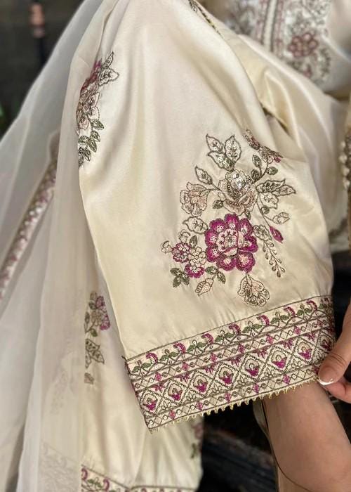 Embroidered Silk Farshi Shalwar Suit with Organza Dupatta - 3 Piece - Pearl White
