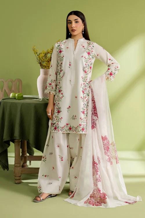 3 piece - Pakistani Designer Farshi Shalwar Lawn Suit - Silk Dupatta