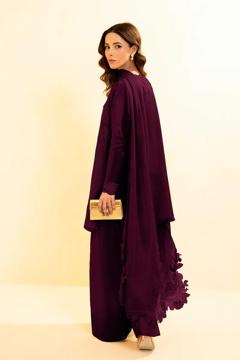 3 piece - Designer Brand Farshi Embroidered Shalwar Suit -  Tassel Silk Top, Bottom & Dupatta