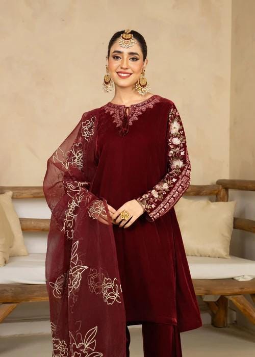 3 Piece Embroidered Velvet Farshi Shalwar Suit