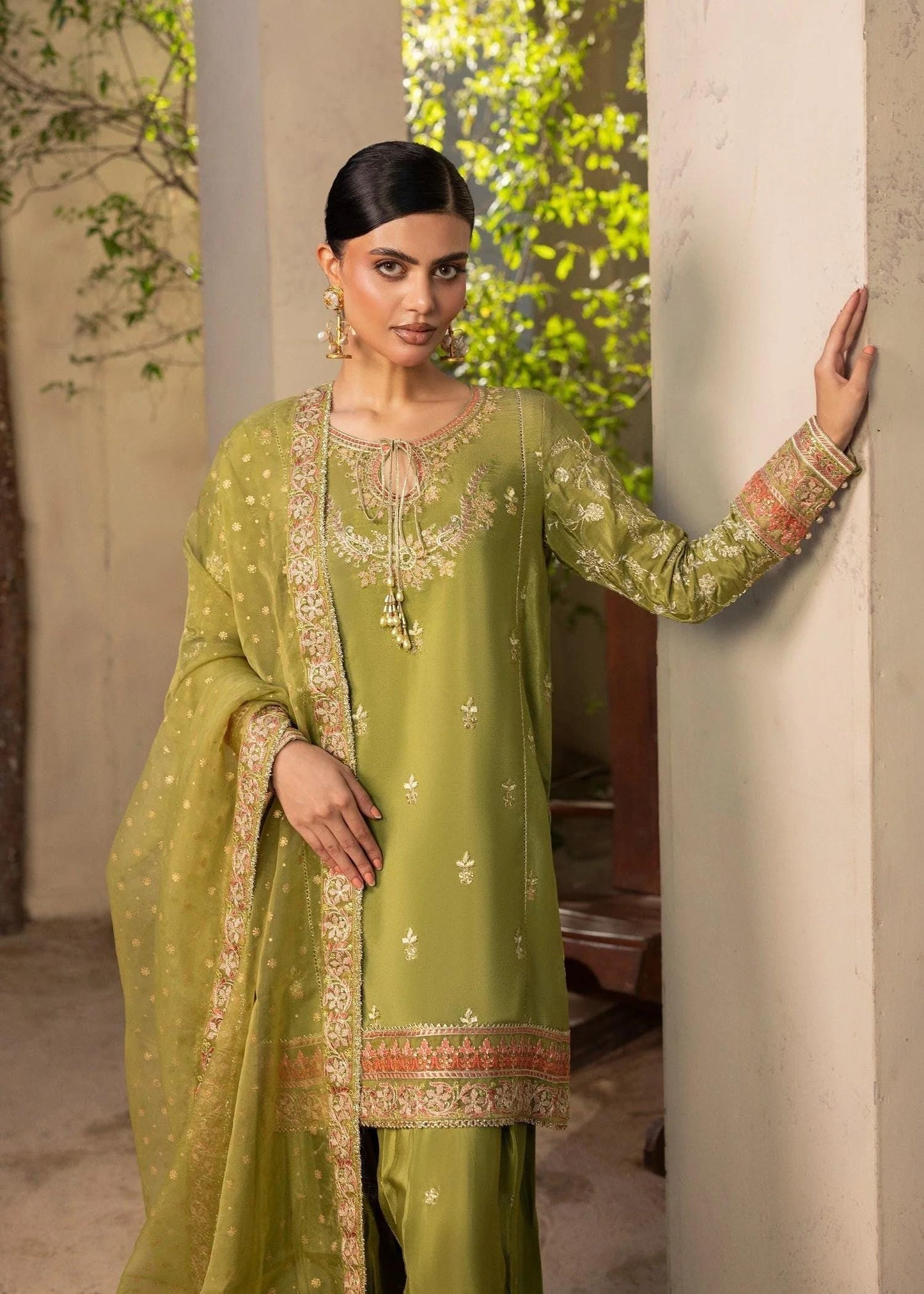 Embroidered Raw Silk Farshi Shalwar Suit with Organza Dupatta - 3 Piece - Olive Green