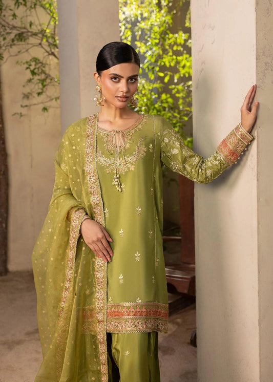 Embroidered Raw Silk Farshi Shalwar Suit with Organza Dupatta - 3 Piece - Olive Green