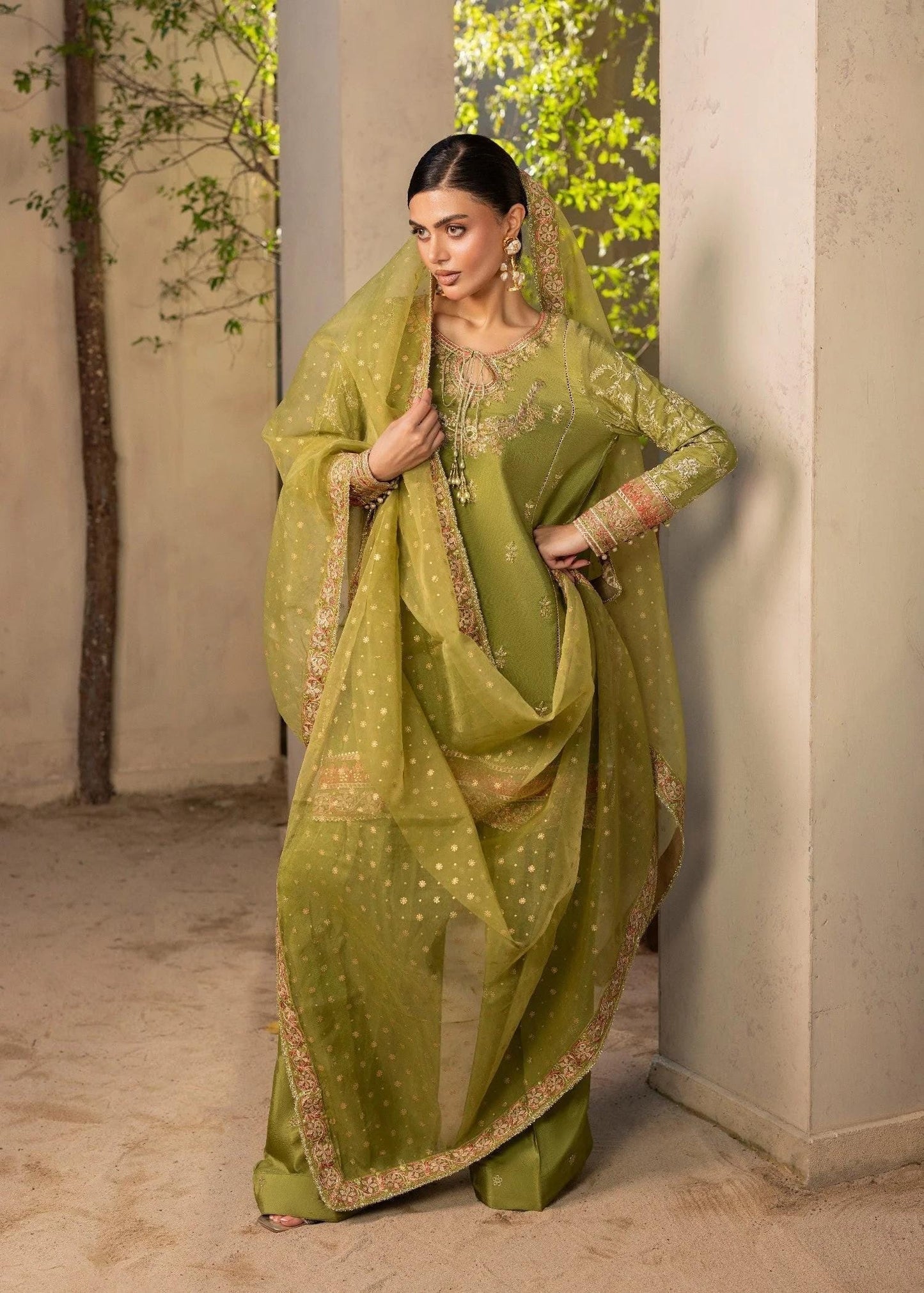Embroidered Raw Silk Farshi Shalwar Suit with Organza Dupatta - 3 Piece - Olive Green