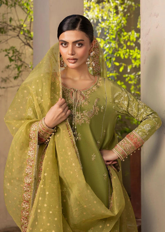 Embroidered Raw Silk Farshi Shalwar Suit with Organza Dupatta - 3 Piece - Olive Green