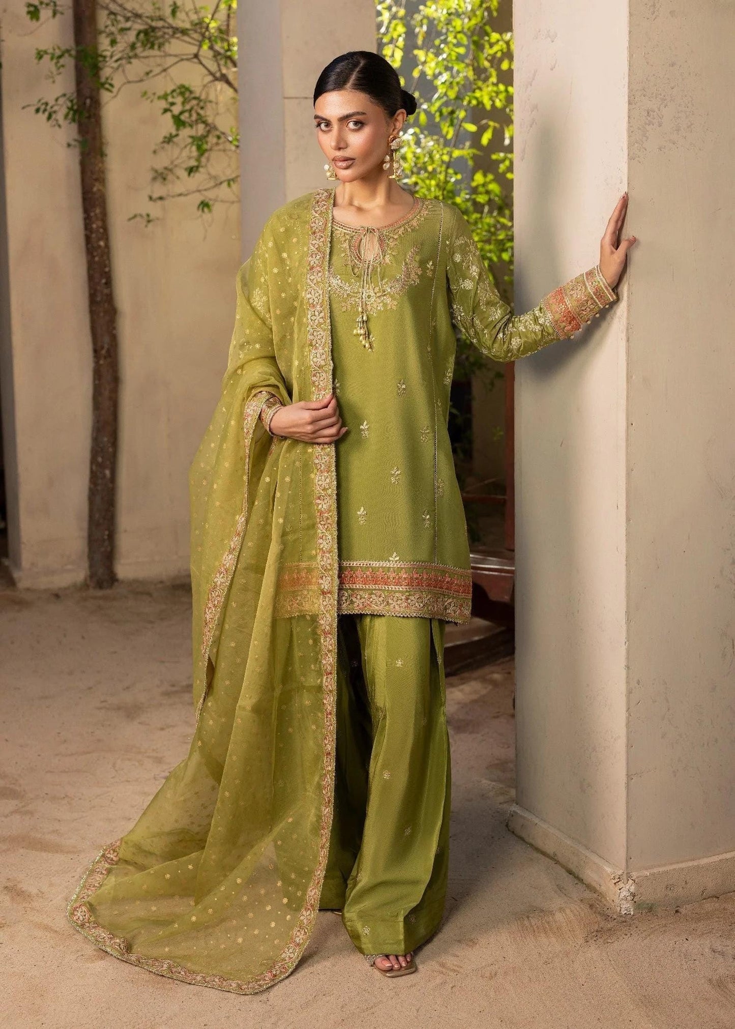 Embroidered Raw Silk Farshi Shalwar Suit with Organza Dupatta - 3 Piece - Olive Green
