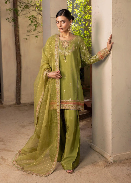 Embroidered Raw Silk Farshi Shalwar Suit with Organza Dupatta - 3 Piece - Olive Green
