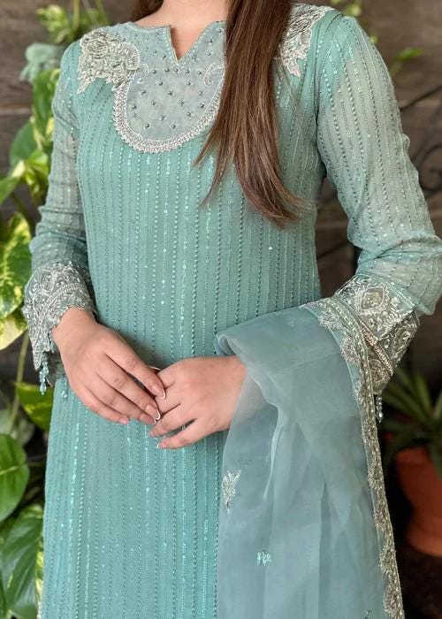 Embroidered Chiffon and Raw Silk Palazzo Designer Suit with Organza Dupatta - 3 Piece