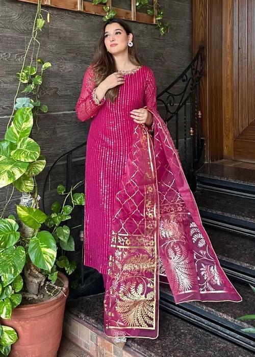 Embroidered Chiffon and Raw Silk Pants Designer Suit with Organza Dupatta - 3 Piece