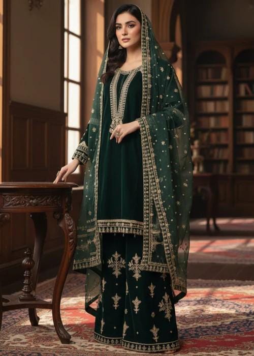 Embroidered Dark Green Velvet Palazzo Suit - 3 Piece - Organza Dupatta