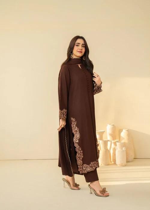 3 piece - Embroidered Marina Suit - Chocolate Brown
