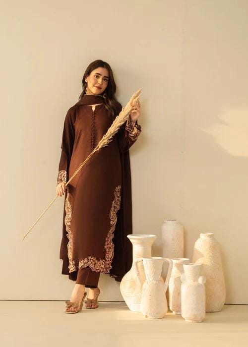 3 piece - Embroidered Marina Suit - Chocolate Brown