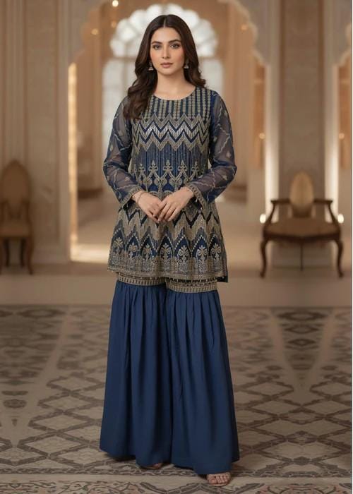 3 Piece Embroidered Gharara Suit - Blue