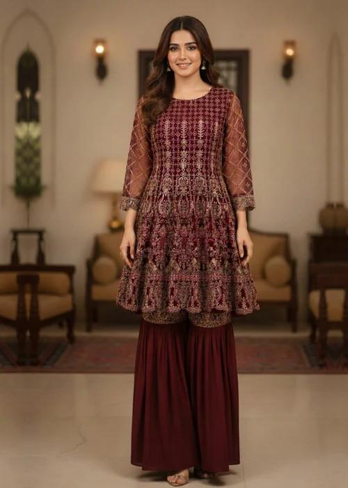 Designer Embroidered Gharara Suit - Magenta