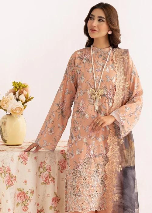 Schiffli Embroidered Lawn Designer Suit with Manaar Dupatta (Size Chart Enclosed)