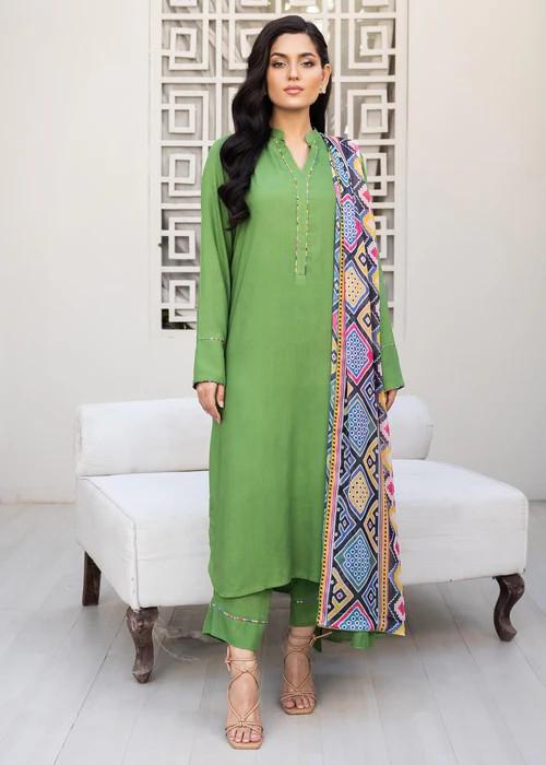 Embroidered Linen Suit with Silk Dupatta - Green