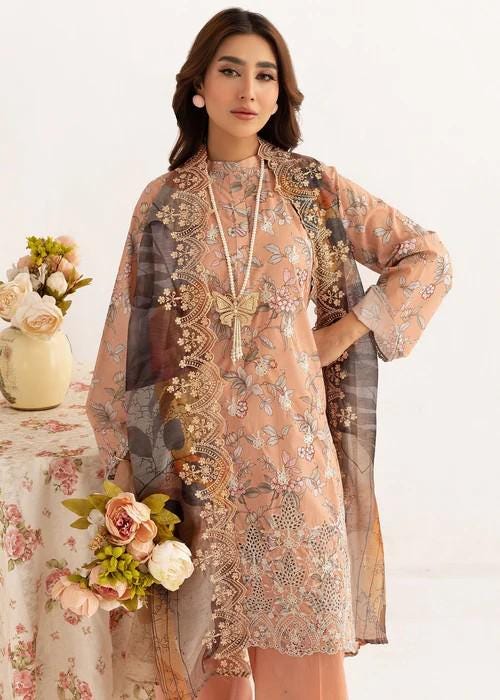 Schiffli Embroidered Lawn Designer Suit with Manaar Dupatta (Size Chart Enclosed)