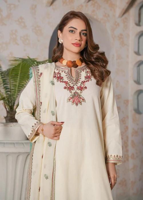 Embroidered Lawn Farshi Shalwar Suit - Chiffon Dupatta - Ivory White