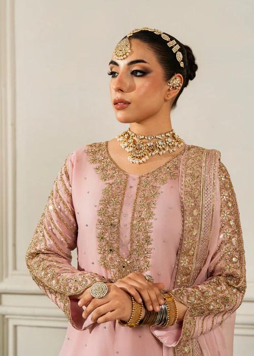 3 Piece Golden Embroidered Farshi Shalwar Chiffon Suit - Pink