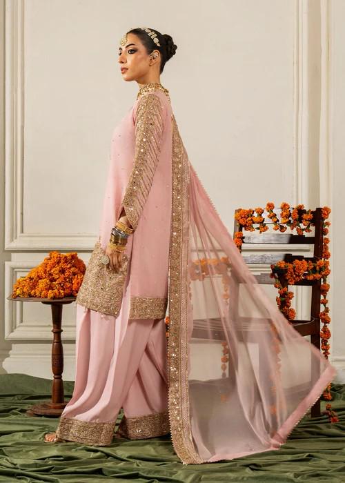 3 Piece Golden Embroidered Farshi Shalwar Chiffon Suit - Pink