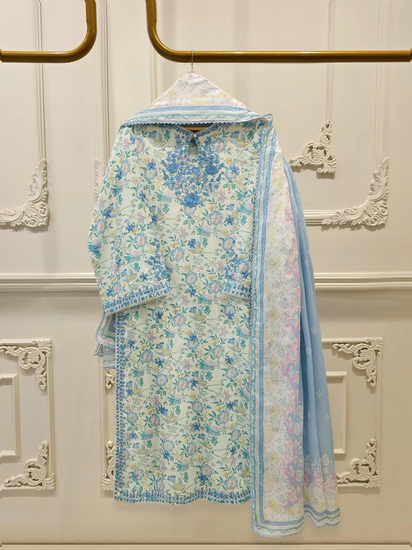 3 Piece - Embroidered Cambric Suit: Light Blue Shalwar Kameez - Ready Made Agha Noor