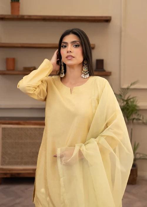 Raw Silk Farshi Shalwar Suit - Marigold - 3 Piece