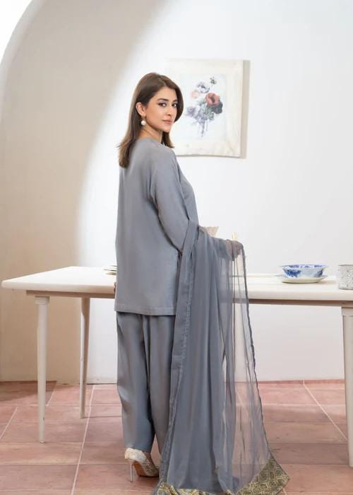 Raw Silk Farshi Shalwar Suit - Ash Grey - 3 Piece