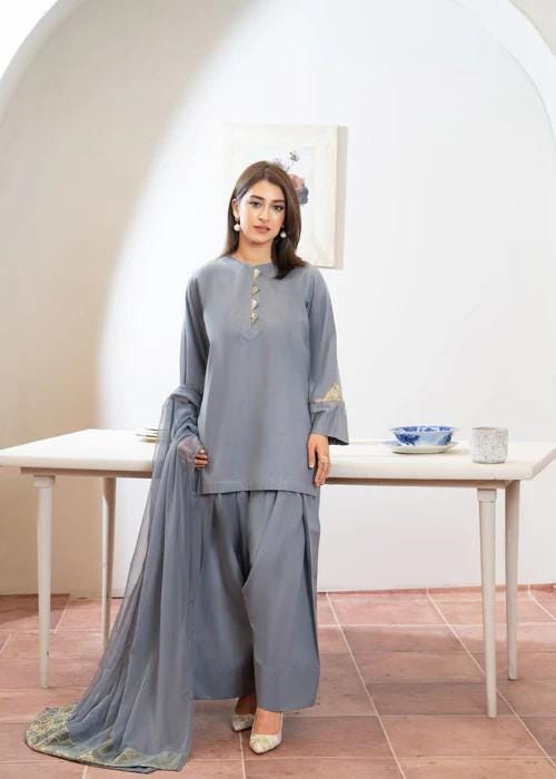 Raw Silk Farshi Shalwar Suit - Ash Grey - 3 Piece