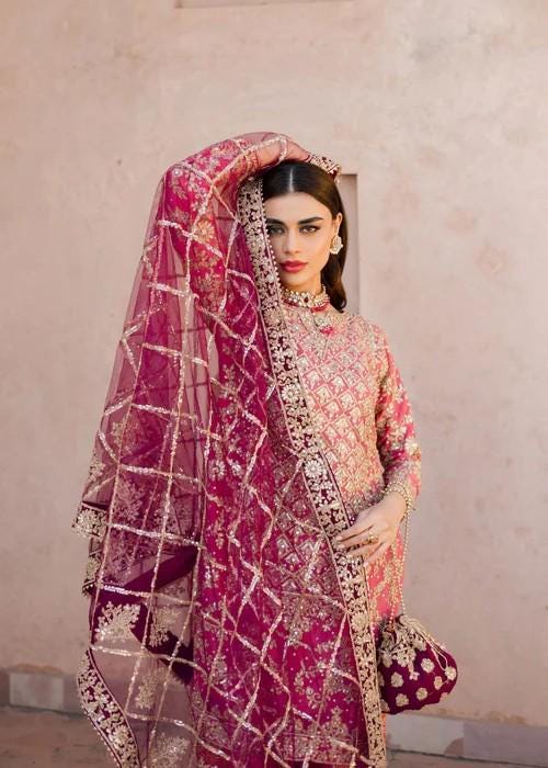 XXL Heavily Embroidered Party Wear Chiffon Gharara in Coral Pink -Matching Potli bag included