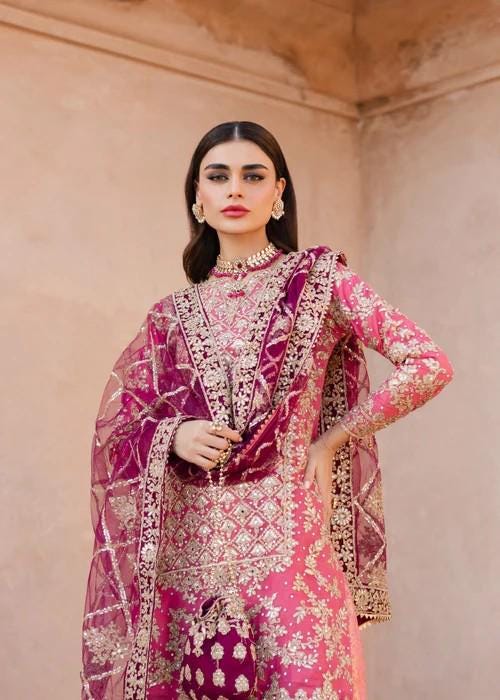 XXL Heavily Embroidered Party Wear Chiffon Gharara in Coral Pink -Matching Potli bag included