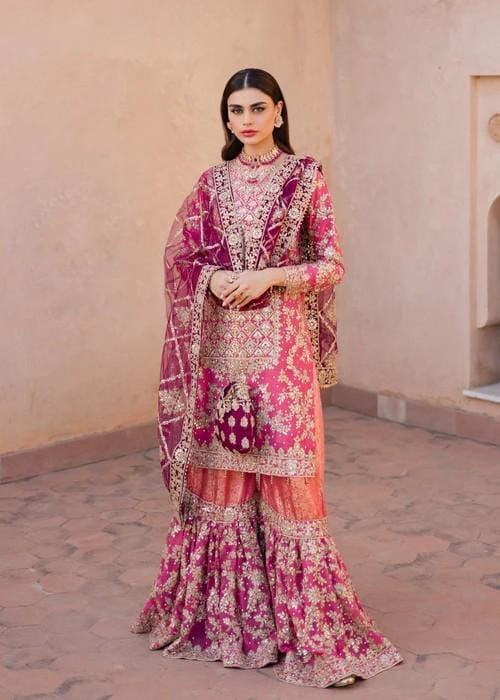 XXL Heavily Embroidered Party Wear Chiffon Gharara in Coral Pink -Matching Potli bag included
