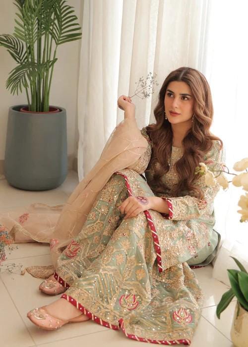 Heavily Embroidered Party Wear Chiffon Gharara - 4 Piece (with Potli bag)
