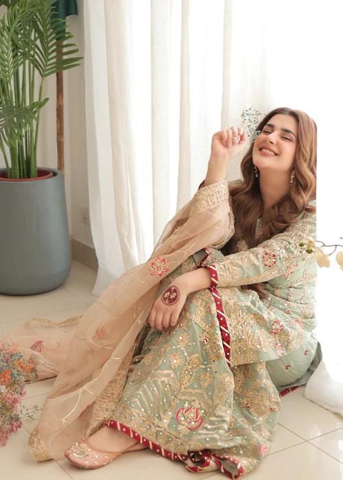 Heavily Embroidered Party Wear Chiffon Gharara - 4 Piece (with Potli bag)