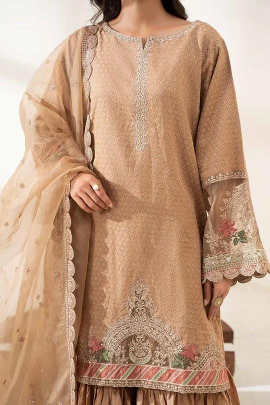 Maria.B - 3 Piece Embroidered Jamawar Gharara Suit (Size - XL) - Brown